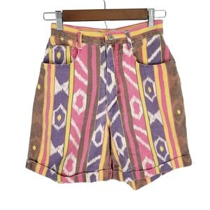 Vintage Gitano High Waisted Ikat Geometric Stripe Denim Shorts Pink Purple Sz 6